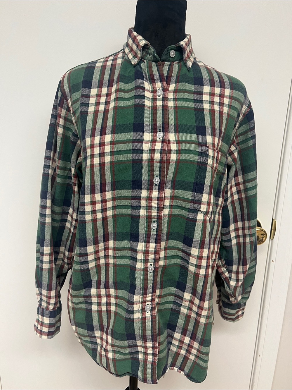 L.L. Bean Green Plaid Button-Down Shirt with Navy & Cream